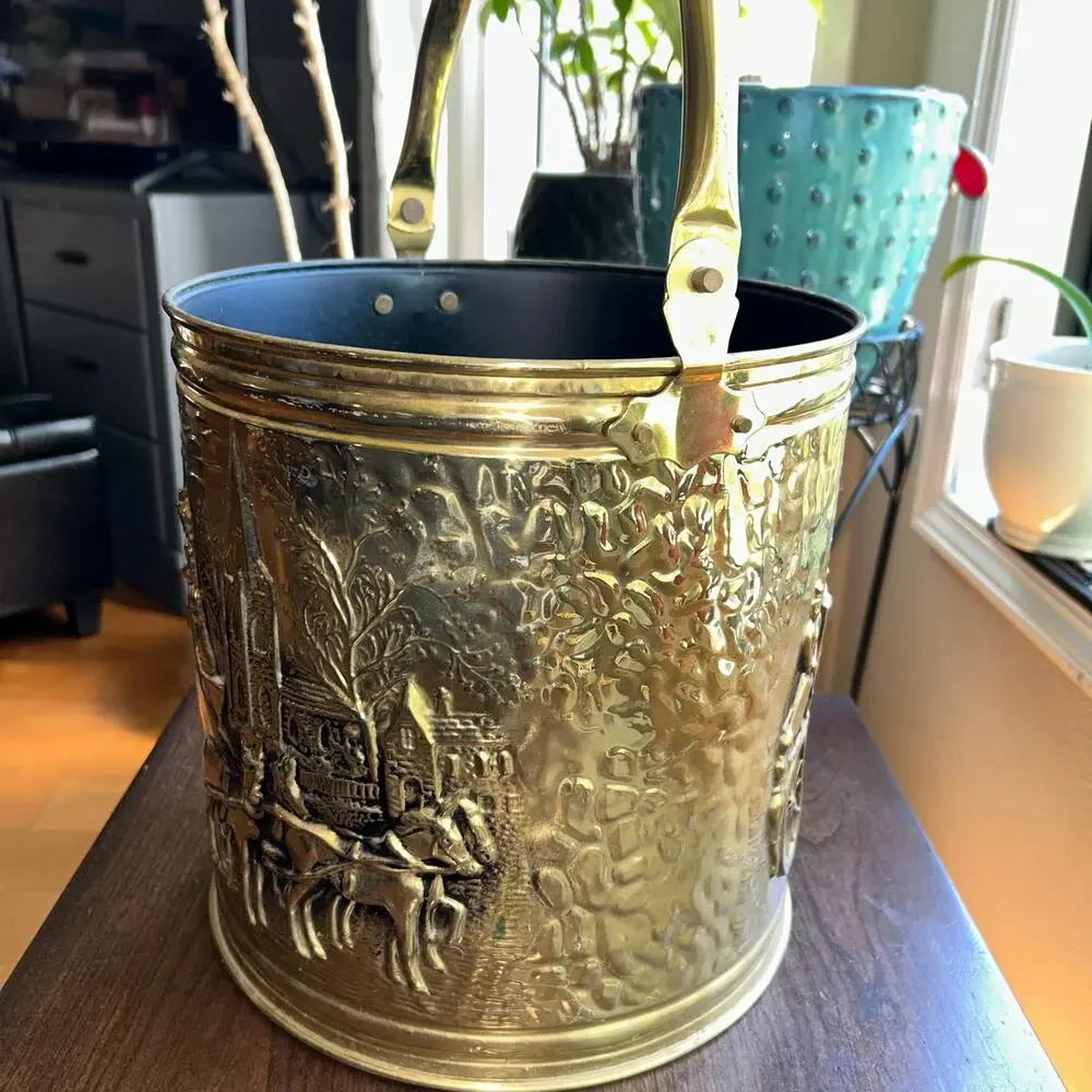Vintage MCM Brass Coal Bucket England gold tone embossed coach and horses